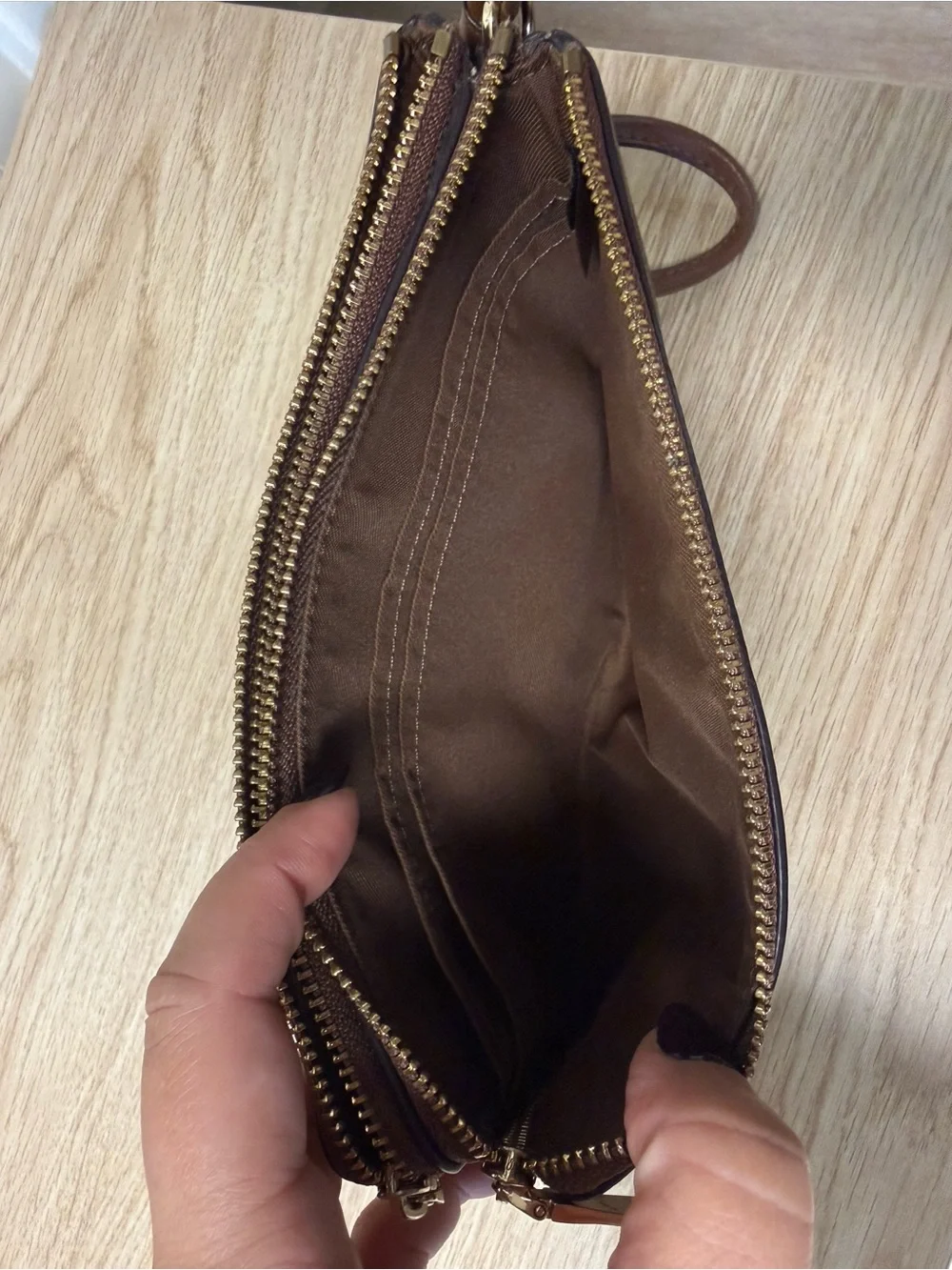 Coach Signature C Double Zip Wristlet Brown Tan Gold